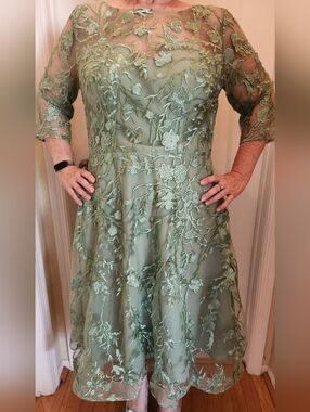Embroidered Sage Green Midi Dress with Sheer Floral Overlay